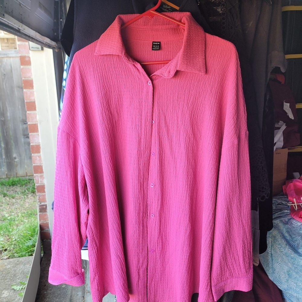 Shein Womens Pink Shirt Size Large Button Down Oversized Loose Fit